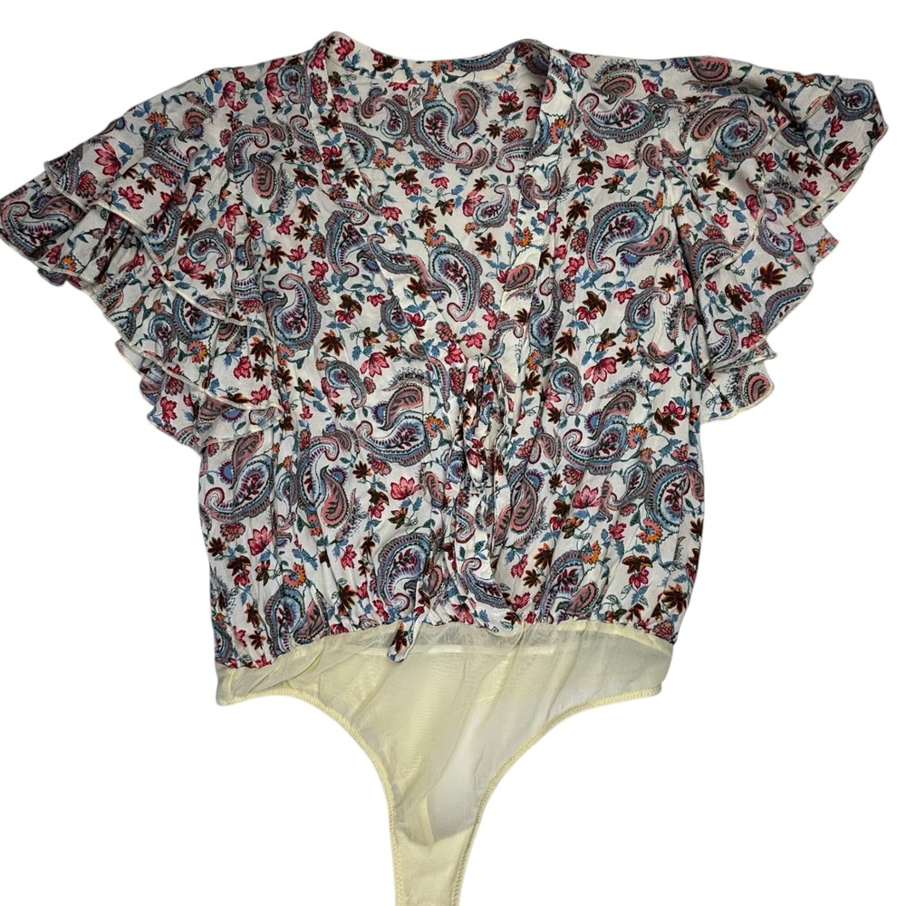 Free People Paisley Bodysuit Large Call Me Later Boho Tie Front Flutter Sleeve